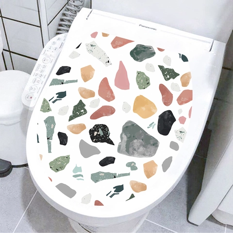 Terrazzo Pattern Toilet Lid Sticker Waterproof PVC Removable Bathroom Decor Self-Adhesive Abstract Geometric Stone Toilet Cover Decal