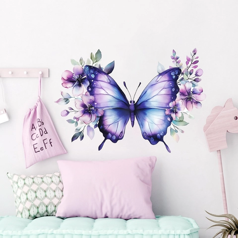 Aquarell Lila Schmetterling Blume Wandtattoo PVC Abnehmbare DIY Kunst Aufkleber Für Schlafzimmer Wohnzimmer Wand Deko