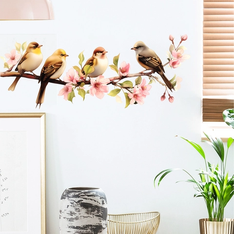 Adesivo da Parete con Uccelli su Rami di Ciliegio in PVC Impermeabile Autoadesivo per Soggiorno Camera da Letto Decorazione