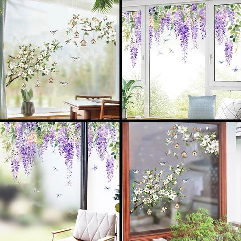 Aquarel Bloem Vogel Vensterstickers PVC Statisch Hechtende Glasstickers Voor Thuis Woonkamer Slaapkamer Decoratie Waterdicht