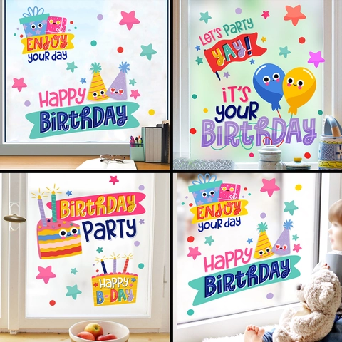 Happy Birthday Static Window Clings Cartoon Cake Balloon Gift Pattern PVC Removable Stickers For Party Home Decoration