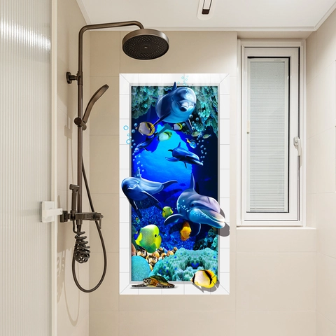 3D Dolphin Ocean World Wall Sticker PVC Waterproof Underwater Mural For Bathroom Glass Wall Surface Home Decoration