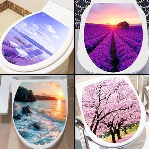 Nature Landscape Toilet Lid Sticker PVC Waterproof Decorative Decal For Bathroom Lavender Sunset Beach Cherry Blossom