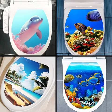 Adesivo per Coperchio del Gabinetto 3D Mondo Marino in PVC Impermeabile Delfino Pesci Tropicali Spiaggia Bagno Decalcomania