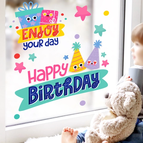 Happy Birthday Static Window Clings Cartoon Cake Balloon Gift Pattern PVC Removable Stickers For Party Home Decoration