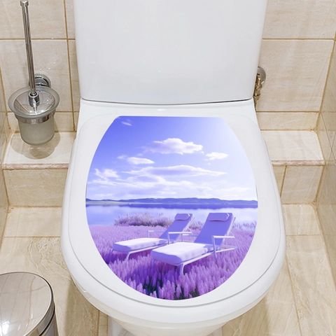 Nature Landscape Toilet Lid Sticker PVC Waterproof Decorative Decal For Bathroom Lavender Sunset Beach Cherry Blossom