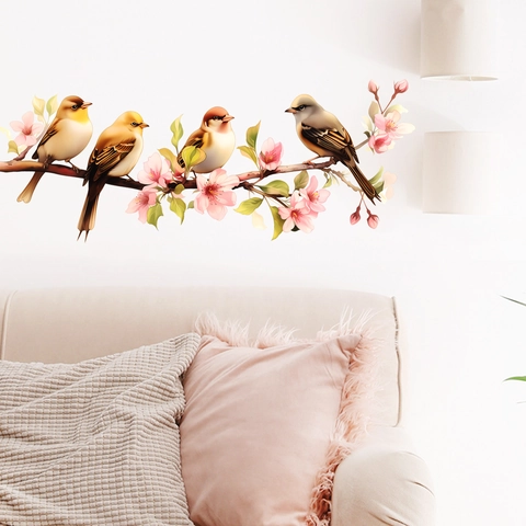 Adesivo da Parete con Uccelli su Rami di Ciliegio in PVC Impermeabile Autoadesivo per Soggiorno Camera da Letto Decorazione
