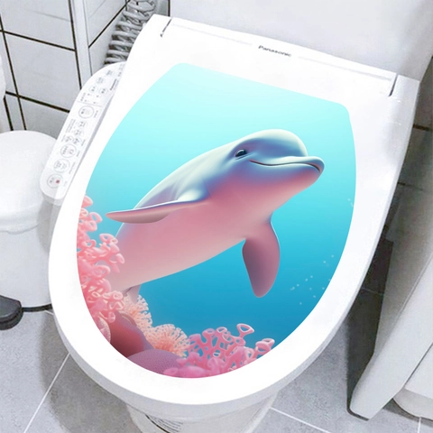 Adesivo per Coperchio del Gabinetto 3D Mondo Marino in PVC Impermeabile Delfino Pesci Tropicali Spiaggia Bagno Decalcomania
