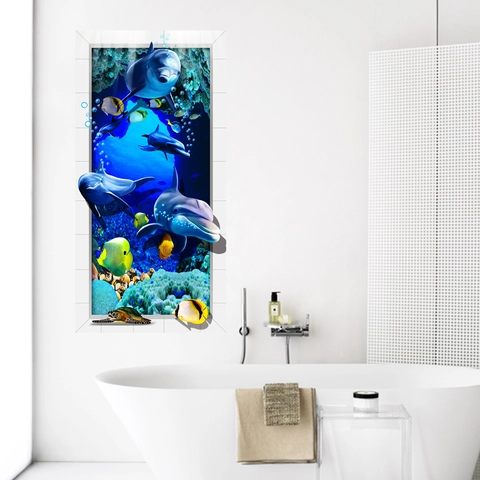 3D Dolphin Ocean World Wall Sticker PVC Waterproof Underwater Mural For Bathroom Glass Wall Surface Home Decoration