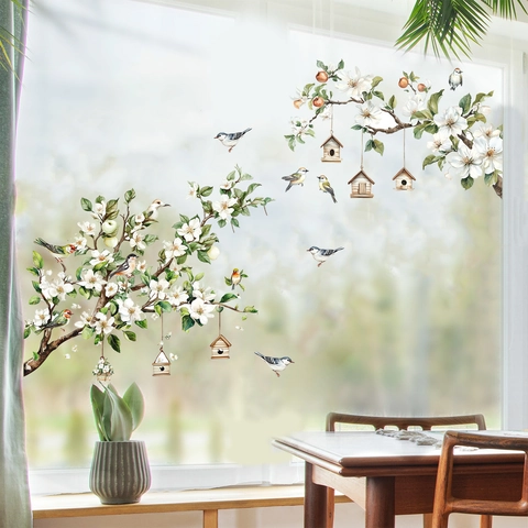 Aquarel Bloem Vogel Vensterstickers PVC Statisch Hechtende Glasstickers Voor Thuis Woonkamer Slaapkamer Decoratie Waterdicht
