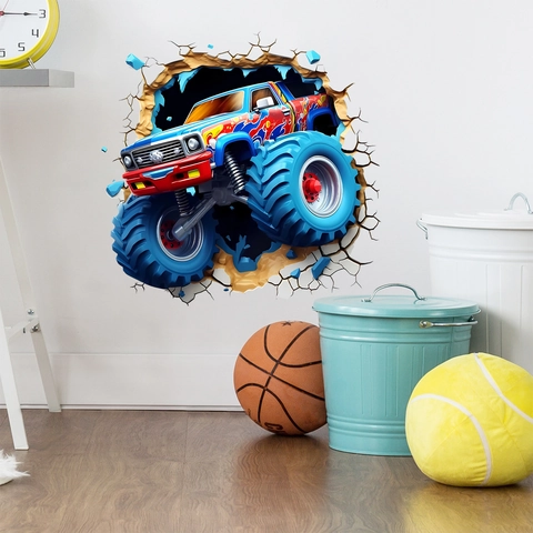 3D Gebrochene Wand Monster Truck Wandaufkleber Wasserdichtes PVC Dekor Für Kinderzimmer Schlafzimmer Spielzimmer Haus Deko