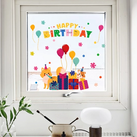 Pegatina de Ventana Happy Birthday Estática Dibujos Animados Zorro Hámster Globo Caja Regalo PVC Decoración Fiesta Niños