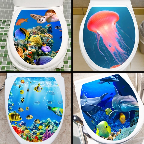 Adesivo per Sedile del WC Tema Oceano 3D Impermeabile Vita Marina Medusa Tartaruga Delfino PVC Decorazione Bagno