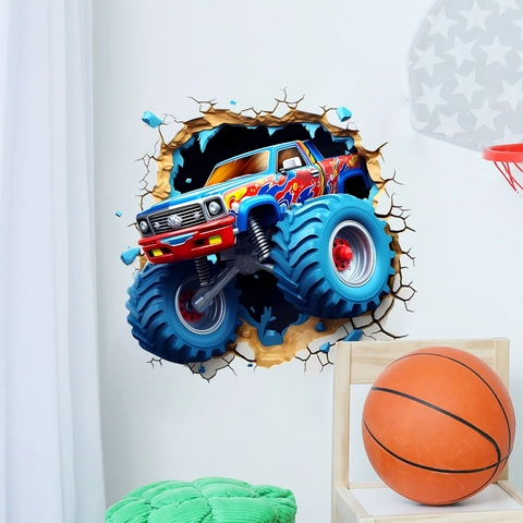 3D Gebrochene Wand Monster Truck Wandaufkleber Wasserdichtes PVC Dekor Für Kinderzimmer Schlafzimmer Spielzimmer Haus Deko
