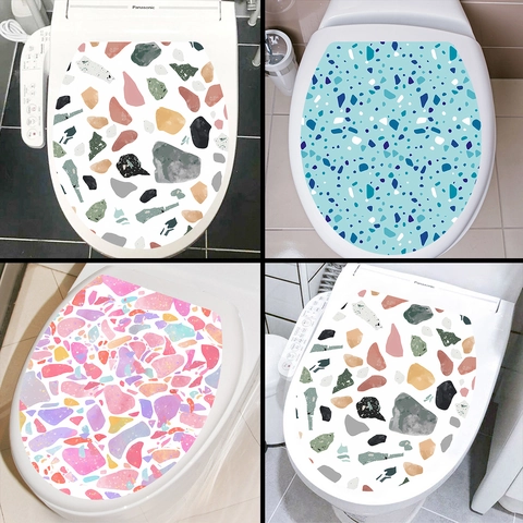 Terrazzo Pattern Toilet Lid Sticker Waterproof PVC Removable Bathroom Decor Self-Adhesive Abstract Geometric Stone Toilet Cover Decal