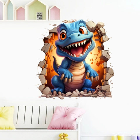 Adesivo da Parete 3D Rottura del Muro Cartone Animato Dinosauro Blu PVC Impermeabile Removibile Per Cameretta Soggiorno Camera da Letto