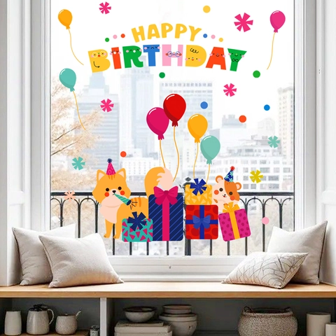 Pegatina de Ventana Happy Birthday Estática Dibujos Animados Zorro Hámster Globo Caja Regalo PVC Decoración Fiesta Niños