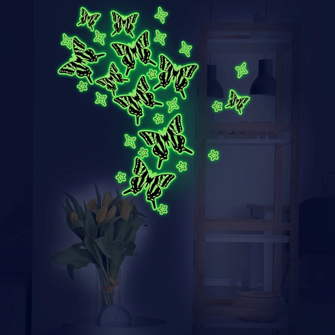 Pegatinas De Pared Mariposa Estrellas Verde Fluorescente Brillan Oscuridad 3D PVC Calcomanías Decorativas Habitación Niños