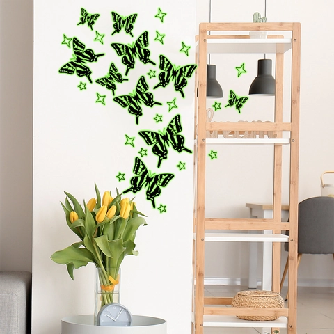 Pegatinas De Pared Mariposa Estrellas Verde Fluorescente Brillan Oscuridad 3D PVC Calcomanías Decorativas Habitación Niños