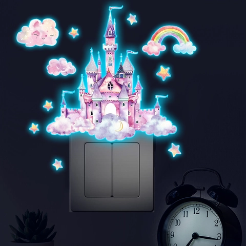 Adesivo da Parete Luminoso Castello Rosa Cartone Animato Fluorescente Acquerello Arcobaleno PVC Decalcomania per Cameretta