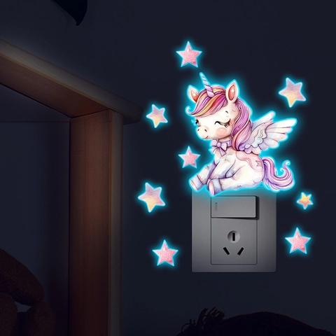 Adesivo da Parete Unicorno Stella Luminoso Blu PVC Impermeabile Decalcomania Interruttore Luce per Camera Bambini Arredo Casa