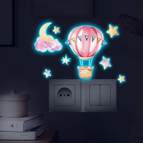 Creative Glow In The Dark Hot Air Balloon Moon Stars Switch Wall Stickers Watercolor PVC Luminous Decal For Kids Home Decor