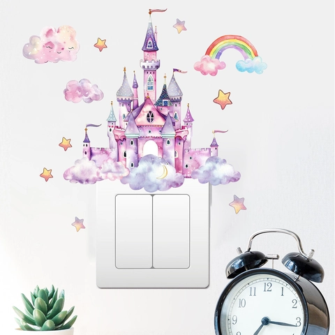 Adesivo da Parete Luminoso Castello Rosa Cartone Animato Fluorescente Acquerello Arcobaleno PVC Decalcomania per Cameretta