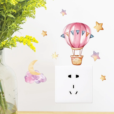 Creative Glow In The Dark Hot Air Balloon Moon Stars Switch Wall Stickers Watercolor PVC Luminous Decal For Kids Home Decor