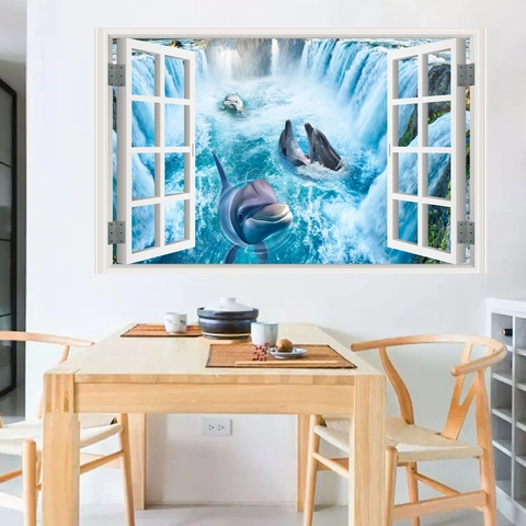 3D Window View Dolphin Waterfall Wall Sticker PVC Removable Waterproof Decal For Living Room Bedroom Home Office Decor