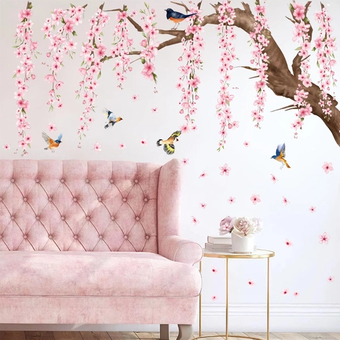 Sticker Mural Branche de Cerisier en Fleurs Rose Avec Oiseaux PVC Imprimé Floral Décoration Murale pour Salon Maison