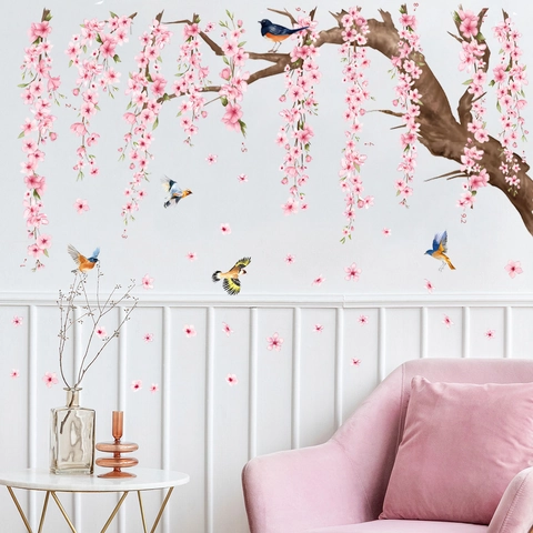 Sticker Mural Branche de Cerisier en Fleurs Rose Avec Oiseaux PVC Imprimé Floral Décoration Murale pour Salon Maison