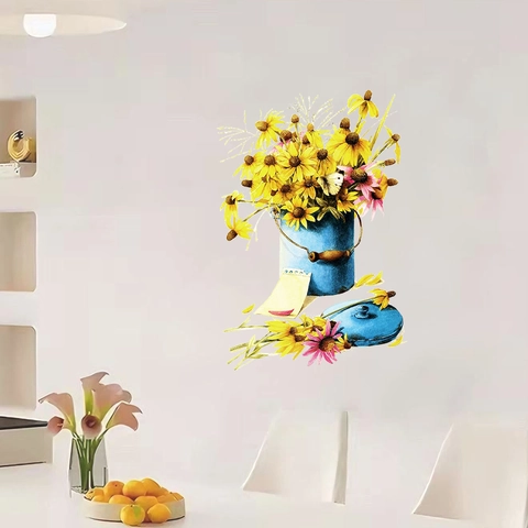 Sticker Mural en PVC avec Seau à Fleurs Marguerite Tournesol Aquarelle Murale d'Art Floral Amovible pour Chambre à Coucher