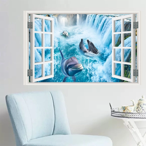 3D Window View Dolphin Waterfall Wall Sticker PVC Removable Waterproof Decal For Living Room Bedroom Home Office Decor