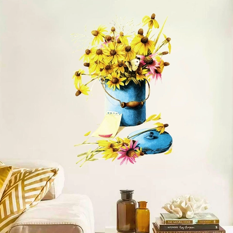 Sticker Mural en PVC avec Seau à Fleurs Marguerite Tournesol Aquarelle Murale d'Art Floral Amovible pour Chambre à Coucher