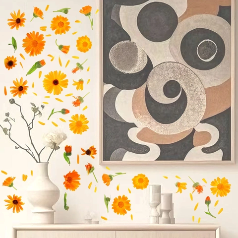 Sticker Mural Floral PVC Souci Tagète Imperméable Auto-adhésif Décalcomanie Murale pour Salon Chambre à Coucher Réfrigérateur Décoration