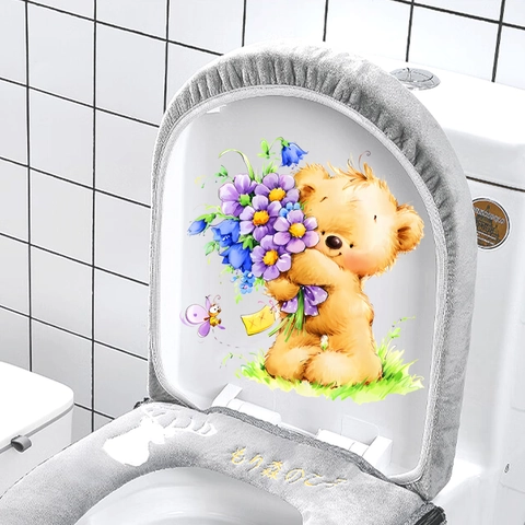Vinilo Decorativo de Pared para Baño Oso de Peluche con Flores PVC Impermeable Autoadhesivo Decoración de Inodoro Hogar