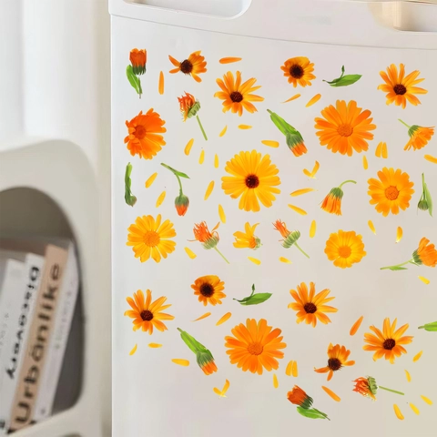 Sticker Mural Floral PVC Souci Tagète Imperméable Auto-adhésif Décalcomanie Murale pour Salon Chambre à Coucher Réfrigérateur Décoration