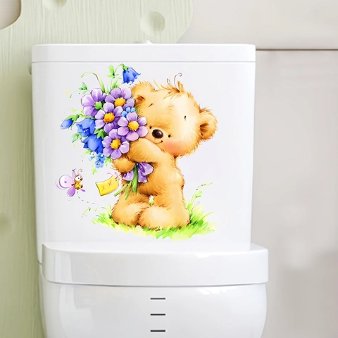 Vinilo Decorativo de Pared para Baño Oso de Peluche con Flores PVC Impermeable Autoadhesivo Decoración de Inodoro Hogar