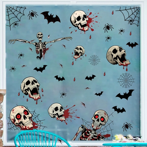 Adesivi per Finestre Halloween Horror Teschio Scheletro PVC Statici Pipistrello Sanguinante Ragnatela Decorazione Porta Vetro