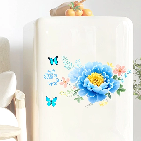 Autocollants Muraux Modernes Fleur de Pivoine Bleue et Papillon PVC Auto-Adhésifs Décalcomanies de Réfrigérateur Décor