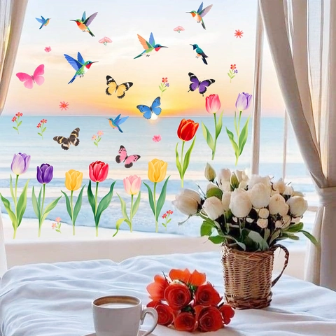 Kolibri Schmetterling Tulpe Fenster Statische Aufkleber PVC Bunte Glasaufkleber Für Zuhause Wohnzimmer Büro Dekoration