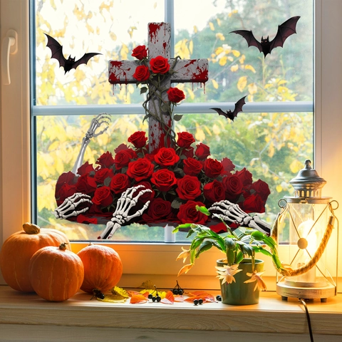 Pegatina de Ventana Halloween Rosa Cruz Mano de Esqueleto Murciélago Gótico PVC Impermeable Estática para Vidrio Fiesta
