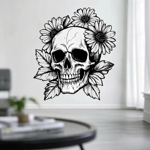 Pegatina de Pared de Calavera y Flores de Halloween PVC Autoadhesiva Gótica Esqueleto Girasol Calcomanía para Decoración de Hogar