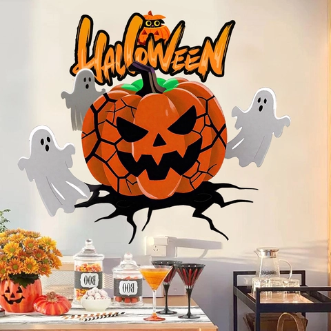 Halloween Wall Sticker Scary Pumpkin Face Ghost PVC Self Adhesive Decal For Festival Home Party Living Room Wall Decoration