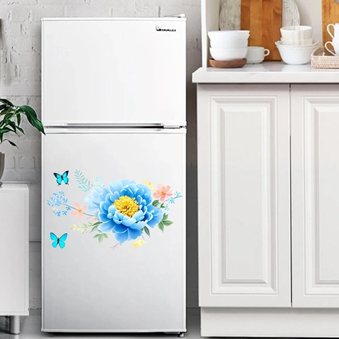 Autocollants Muraux Modernes Fleur de Pivoine Bleue et Papillon PVC Auto-Adhésifs Décalcomanies de Réfrigérateur Décor