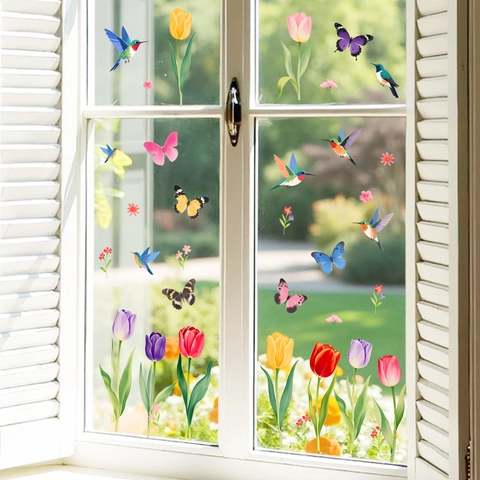 Kolibri Schmetterling Tulpe Fenster Statische Aufkleber PVC Bunte Glasaufkleber Für Zuhause Wohnzimmer Büro Dekoration