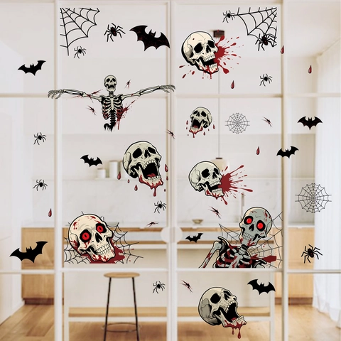 Adesivi per Finestre Halloween Horror Teschio Scheletro PVC Statici Pipistrello Sanguinante Ragnatela Decorazione Porta Vetro