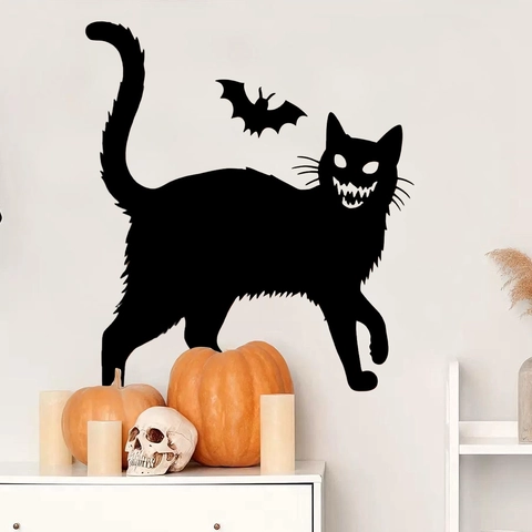 Pegatinas de Pared de Halloween Gato Negro Con Colmillos Silueta de Murciélago de PVC para Sala de Estar Dormitorio Decoración Hogar