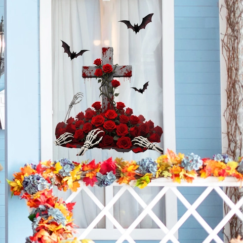 Pegatina de Ventana Halloween Rosa Cruz Mano de Esqueleto Murciélago Gótico PVC Impermeable Estática para Vidrio Fiesta