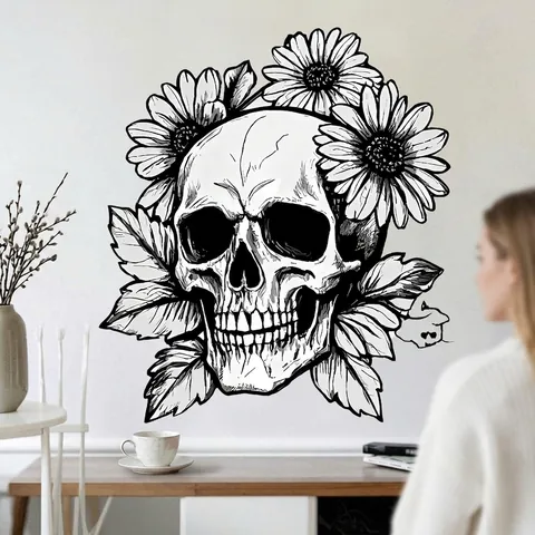 Pegatina de Pared de Calavera y Flores de Halloween PVC Autoadhesiva Gótica Esqueleto Girasol Calcomanía para Decoración de Hogar